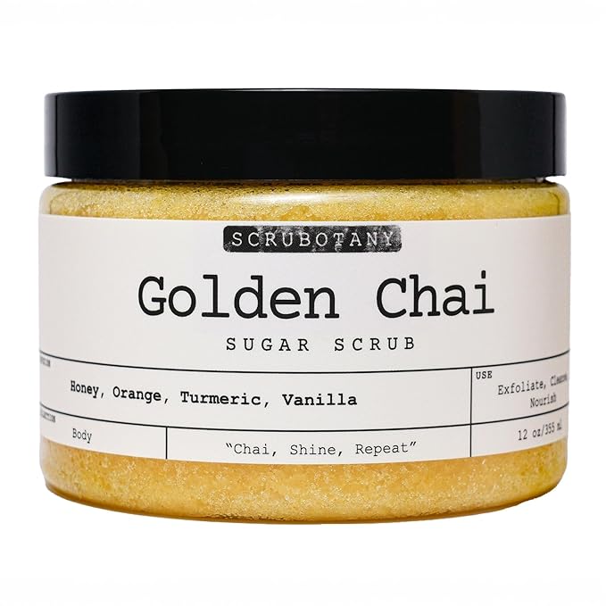 Golden Chai Sugar Scrub – Exfoliating Body Scrub with Honey, Orange, Turmeric, Vanilla – Gentle Exfoliating and Cleansing Impurities, Dead Skin Cells – Suitable for All Skin Types – 12 oz
