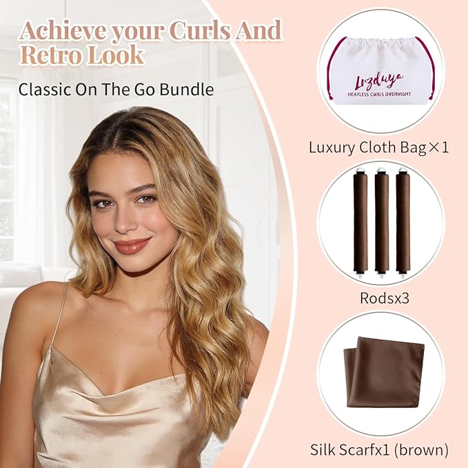 Heatless Curls Overnight Rods Heatless Hair Curler Hair Curlers To Sleep In Heatless Curls Blowout Rods Heatless Curling Rods With Luxury Cloth Bag Scarf For All Hair Types (Brown, 3Rods)