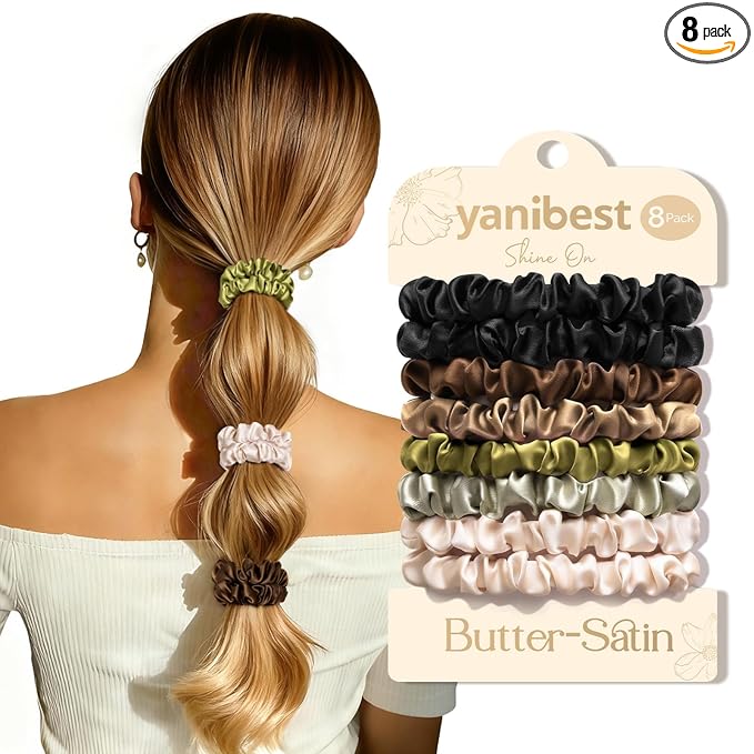 Yanibest 8 Pcs Satin Hair Ties - Hair Scrunchies for Women & Girls, Thin Silk Hair Ties No Damage, Ponytail Holders Gentle on Hair