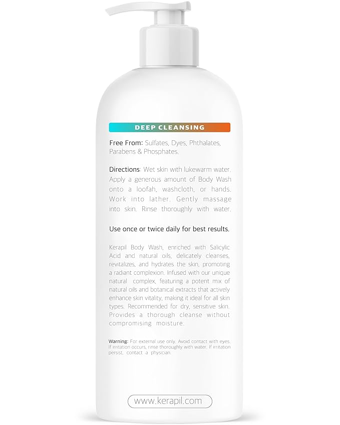 KERAPIL Exfoliating Body Wash With Salicylic Acid - Gentle Exfoliates Rough and Bumpy Skin, KP and Acne, with BHA & AHA - Unscented Body Wash, Made in USA - (16 fl oz)