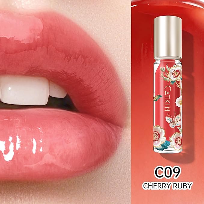 Catkin Lip Plumper Gloss, Tinted Lip Serum with Hyaluronic Acid & Jojoba Oil, Non-sticky Volumizing Hydrating Formula for a High Shine Maximum 3D Look, Plump & Soft Lips 0.12 Fl Oz - C09 Cherry Ruby