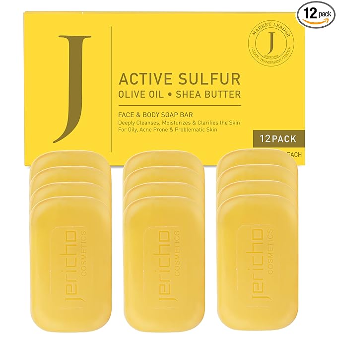 Jericho Dead Sea Sulfur Soap with Olive Oil – Helps with Acne, Psoriasis, Eczema & Blackheads – For Oily to Normal Skin – Vegan Face & Body Bar for Men & Women – 4.4 oz Each (Pack of 12)