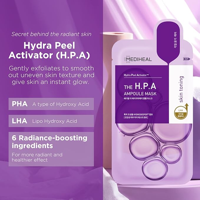 Mediheal Official Best No.1 Korean Sheet Mask - HPA Ampoule Face Mask 10 Sheets for Smoothing, and Instant Glow with LHA & PHA