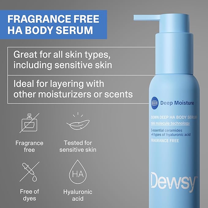 Down Deep Hyaluronic Acid Unscented Body Serum - Hyaluronic Acid Ceramide Serum for Deep Hydration, Light Body Care Moisturizer with Mini Molecule Technology, Fragrance Free Serum, 8 oz