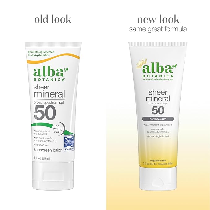 Alba Botanica Mineral Sunscreen Lotion SPF 50, Broad Spectrum, Fragrance Free, 3 Fl Oz (Packaging May Vary)