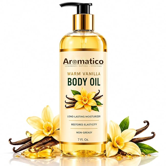 Aromatico Warm Vanilla Body Oil for Women - 7 fl oz | Moisturizing Scented Body Oil for After Shower Daily Use | Cozy, Creamy Vanilla Scent