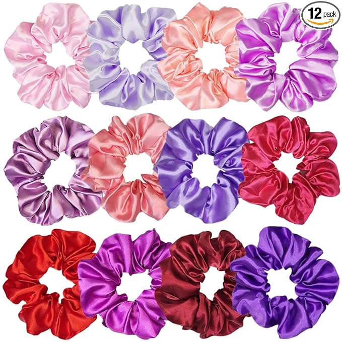 12 Pcs Satin Silk Hair Scrunchies Soft Hair Ties Fashion Hair Bands Hair Bow Ropes Hair Elastic Bracelet Ponytail Holders Hair Accessories (4.5 Inch, Assorted Red and Purple)