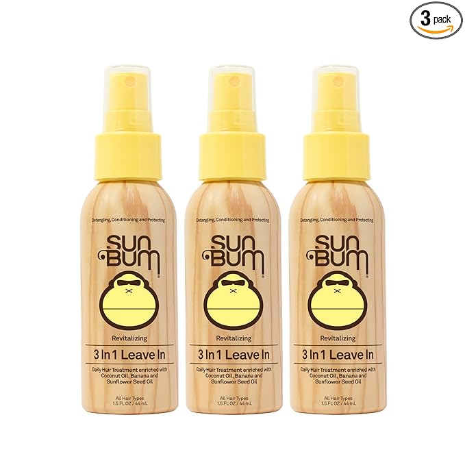 Sun Bum Revitalizing 3 in 1 Leave In Conditioner - Anti Frizz Detangler - Color Friendly with UV Protection - Enriched with Coconut Oil and Banana - Travel Friendly 1.5 oz (Pack of 3)