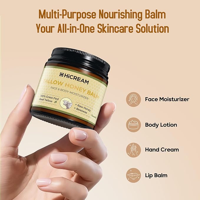 Hicream Beef Tallow for Skin, Beef Tallow and Honey Balm, 100% Organic Grass-Fed Beef Tallow, Face & Body Moisturizer for Dry, Cracked, Sensitive Skin - Handmade - Natural Formula (4 Oz, Unscented)