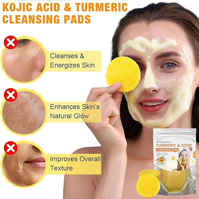 Turmeric Skincare, Vitamin C Body Wash with Cocoa Scrub & Kojic Acid Cleansing Face Pads, Daily Face & Body Cleanse Set, 16.9 fl oz & 20 Count