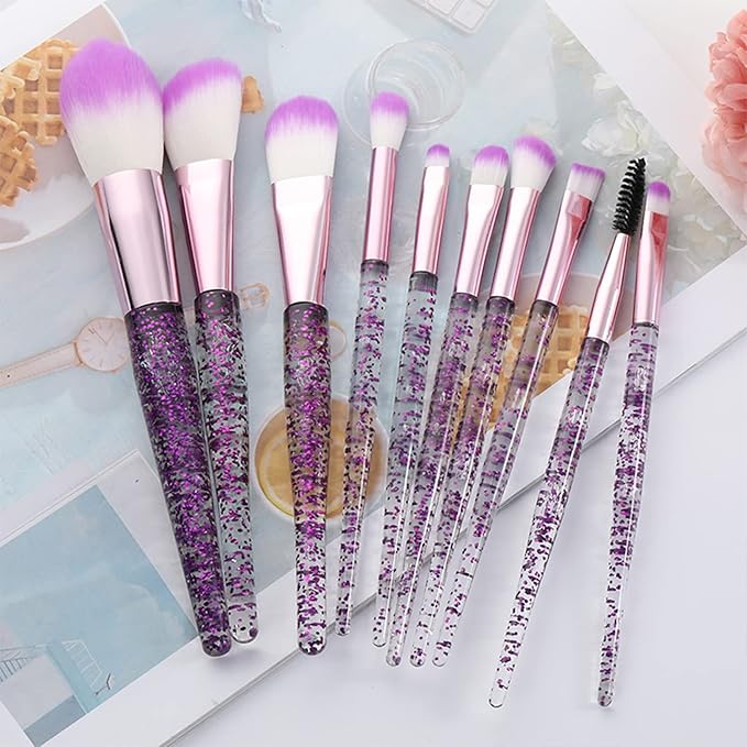 Makeup Brush Set 10 PCS Stylish Glitter Handle Makeup Brushes Professional Face Powder Foundation Blending Blush Eye Shadow Eyeliner Lip Cosmetic Brushes With Transparent bag(Purple)