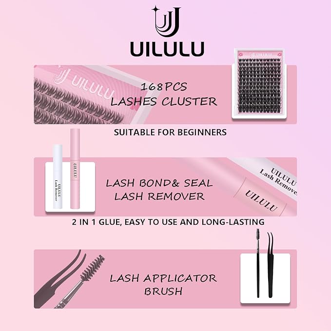 Uilulu Lash Clusters kit 8-18mm DIY Lash Extension Kit 168 Natural Lash Clusters 0.07D D Curl Wispy Individual Eyelash Clusters False Lashes Eye Lash Extension Lash Kits Extensions Kit （04）