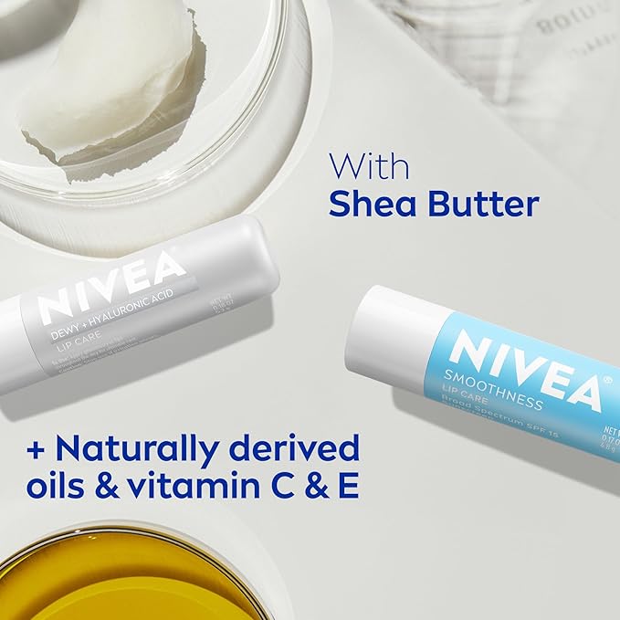 NIVEA Lip Balm Set, Smoothness Lip Care with Broad Spectrum SPF 15 Sunscreen, 0.17 Oz (Pack of 4) + Dewy with Hyaluronic Acid, 0.18 Oz (Pack of 4), Long-Lasting Moisture