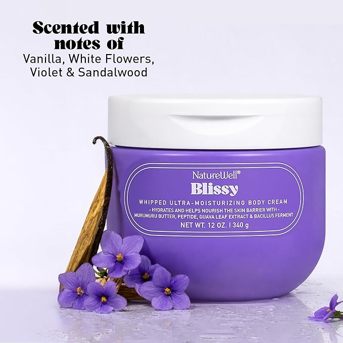 NATURE WELL Blissy Whipped Body Cream, Rich & Ultra-Moisturizing, Quick-Absorbing Formula for Daily Use, Enriched with Antioxidants, Hydrate & Nourishes Skin Barrier, Vanilla & Sandalwood Scent, 12 Oz