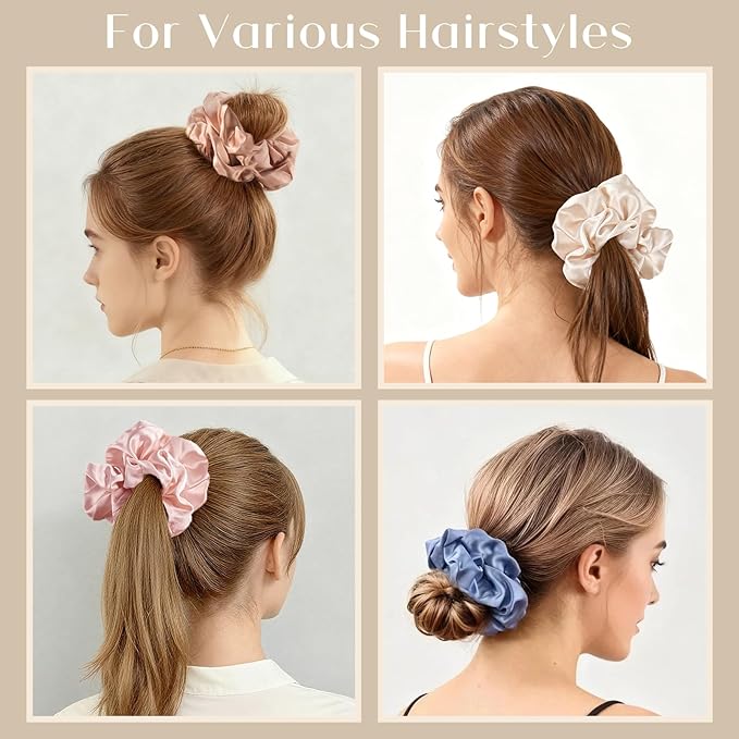 Lolalet Big Satin Scrunchies for Women, 5.9 Inch Large Oversized Scrunchie, Soft Jumbo/Giant Scrunchies Hair Ties for Thick & Curly Hair -4 Pack, Blue/Caramel/Pink/Champagne