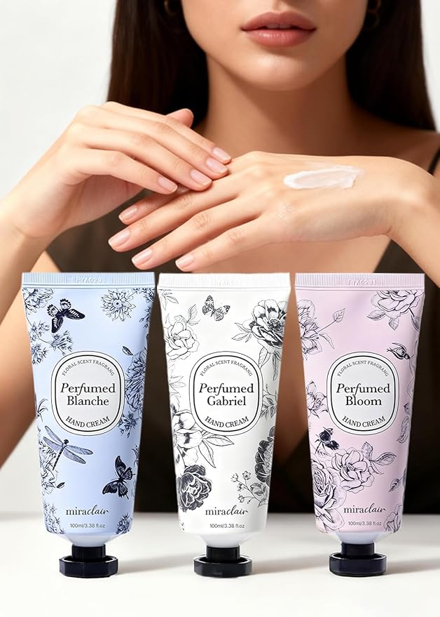 MIRACLAIR Perfumed Hand Cream Set – Long-Lasting Fragrance, Wrinkle Care & Moisturizing, with Shea Butter & Adenosine, Hypoallergenic, 3 Scents (White Floral, Pink Bloom, Musky Floral) – 100ml Each