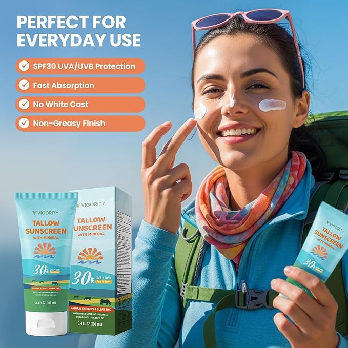 Vigority Tallow Sunscreen SPF 30 for Face & Body – Natural Grass-Fed Beef Tallow, Non-Nano Zinc Oxide – Moisturizing Mineral Sunblock, Non-Greasy & Non-Toxic, Reef Safe for Adults & Kids (3.4 oz)