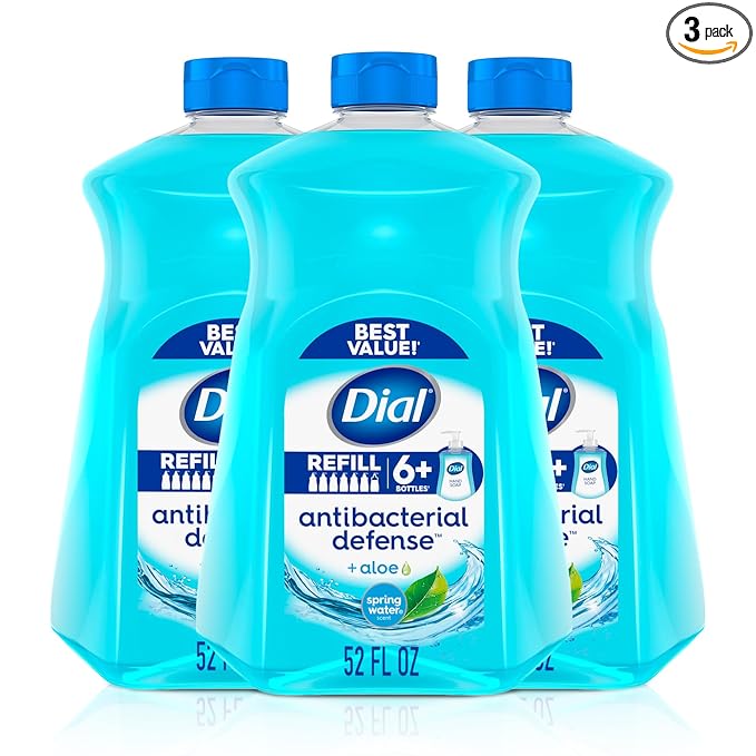 Dial Antibacterial Defense Liquid Hand Soap + Aloe, Spring Water Scent, 52 Fl Oz Hand Soap Refill (Pack of 3), Dermatologist-Tested, Gentle Formula