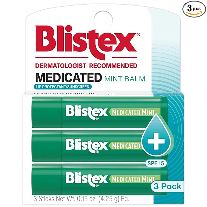 Blistex Medicated Mint Balm - Soothes and Protects - Advanced Medicated Lip Care for Dry, Chapped Lips - Blistex: Specialized Solutions for Healthy Lips - SPF 15 Sun Protection 3 Count, 0.15oz Ea.