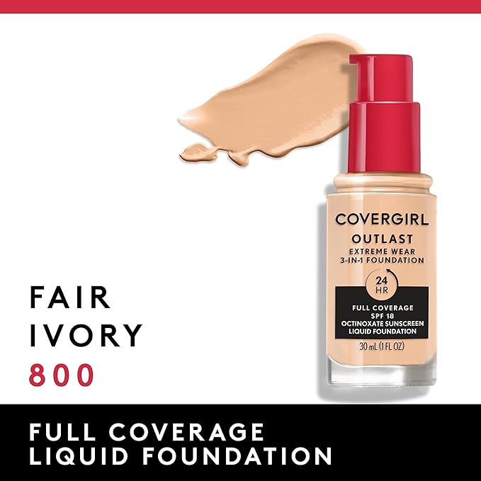 Covergirl Outlast Extreme Wear 3-in-1 Full Coverage Liquid Foundation, SPF 18 Sunscreen, Fair Ivory, 1 Fl. Oz.