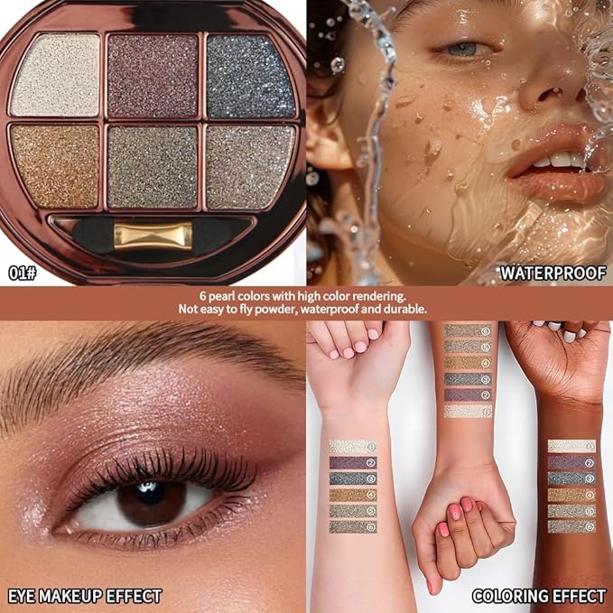 Neutral Brown Gold Shimmer Eyeshadow Palette, 6 Color High Pigment Blendable Glitter Eye Shadow Makeup for Older Women, Lightweight Travel Friendly, Suitable for All Eye Shapes, Daily Glam Look 01#