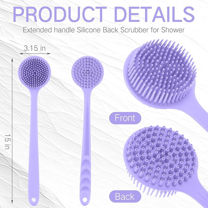Sunnyray 2 Pack Silicone Back Scrubber for Shower with 15" Long Handle Double-Sided Bath Body Brush for Exfoliating Easy to Clean Quick Dry Deep Cleaning Lathers Well(Purple)