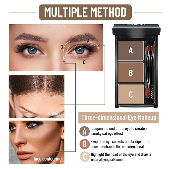 HOSAILY 3 Colors Eyebrow Powder Professional Makeup Kit, Waterproof Long Lasting Brow Contour Palette with Mini Brow Brush&Razor Set, Light&Medium&Dark Brown Brow Filler Sculpt Brow Powder for Women