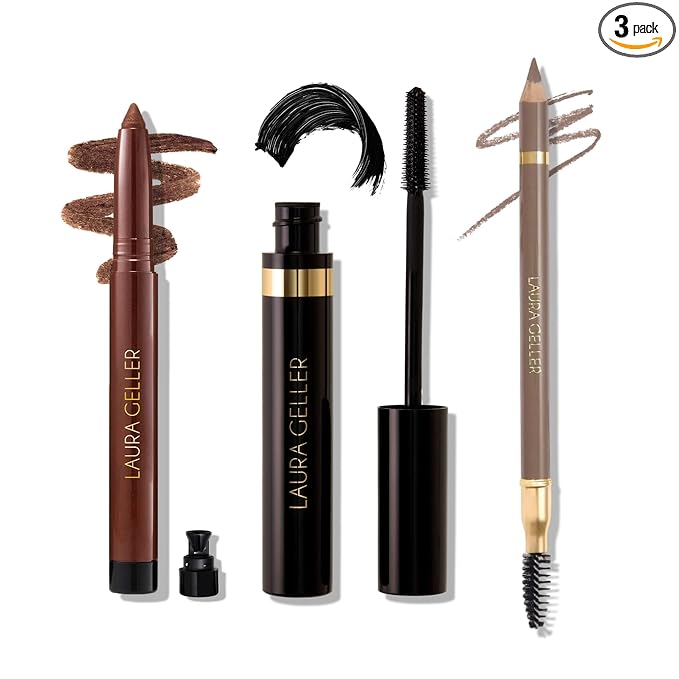 LAURA GELLER Laura’s 3 E’s Eyeliner, Eyelash & Eyebrow Kit for Mature Skin | Taupe | Kajal Longwear Eyeliner, Kajal Longwear Mascara & Bravo Brows Soft Pencil + Brush