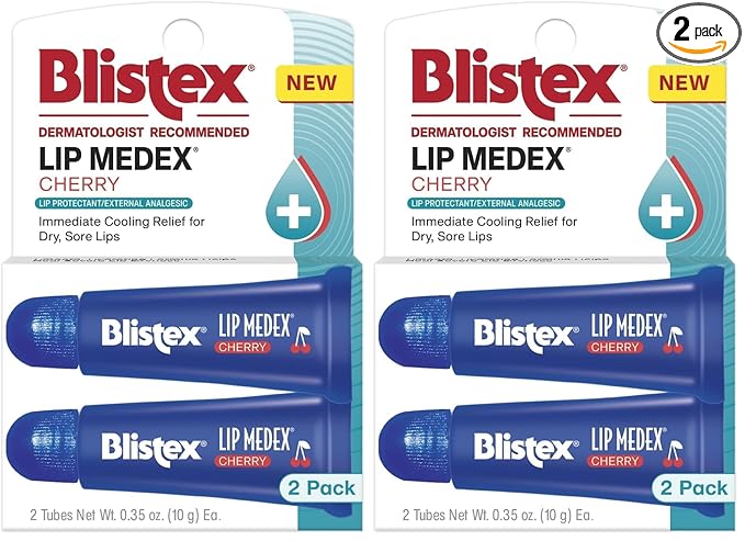 Blistex Cherry Lip Medex, 0.35 oz Each, Advanced Hydration, Medicated Relief with Cooling, Soothes and Protects, Restores Healthy Moisture Balance to Lips, 2 Count, (Pack of 2)