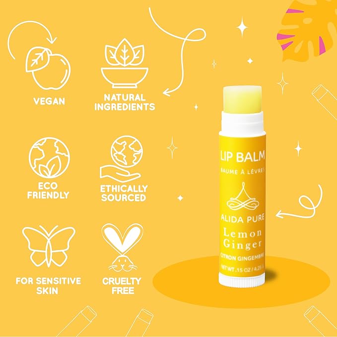 Lemon Ginger Lip Balm Collection, Vegan Set, Beeswax Free, with Organic Jojoba and Avocado Oil, Vitamin E, Natural Moisturizer for Dry, Cracked, or Chapped Lips, 3 Tube Set