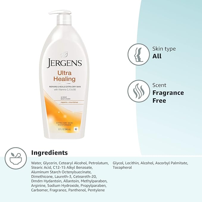 Jergens Ultra Healing Dry Skin Lotion, Hand and Body Moisturizer for Quick Absorption into Extra Dry Skin with Hydralucence Blend, Vitamins C, E and B5, White, 32oz (Pack of 2)