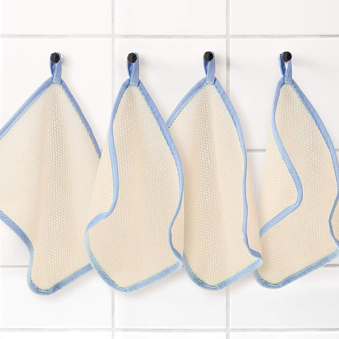 Tatuo 5 Pcs Exfoliating Face and Body Wash Cloths Towel Weave Bath Exfoliating Scrub Massage Bath Cloth for Women and Men, 10.23 x 8.66 Inch(Blue Edge)