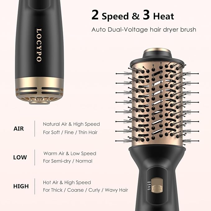 Travel Blow Dryer Brush, 4-in-1 Auto Dual Voltage (120-240V) Hot Air Brush, 2 Inch Mini Hair Dryer Brush & Styler for Voluminous Smooth Hair, Lightweight with EU/UK Plug for Home & Salon(Gold)