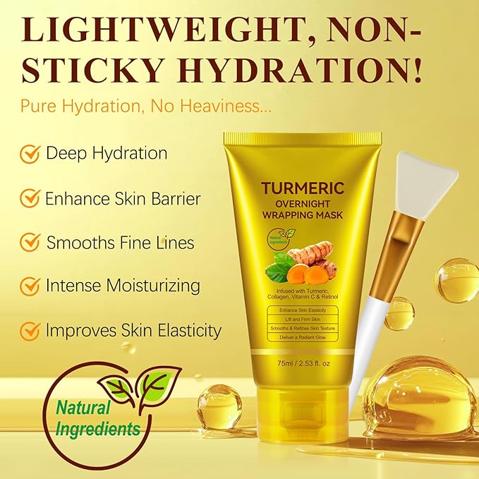 Turmeric Vitamin C Collagen Overnight Wrapping Peel Off Mask with Retinol for A Clear, Dewy, Radiant Complexion Against Roughed & Stressed & Saggy Skin, Anti-Aging/Wrinkles/Fine Lines, 2.53 Oz/75 ML