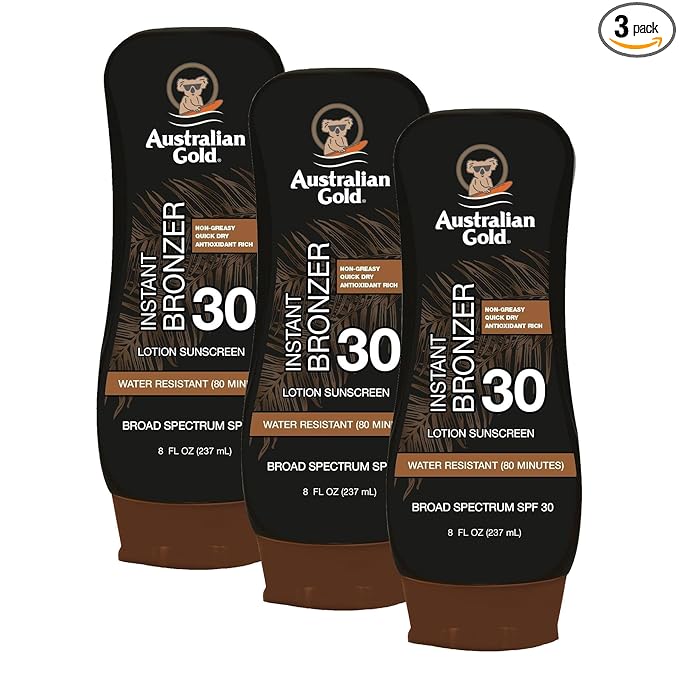 Australian Gold Sunscreen Lotion with Instant Bronzer, Broad Spectrum, Water Resistant, Non-Greasy, Oxybenzone Free, Cruelty Free, SPF 30, Coconut, 8 Fl Oz (A70902) (Pack of 3)
