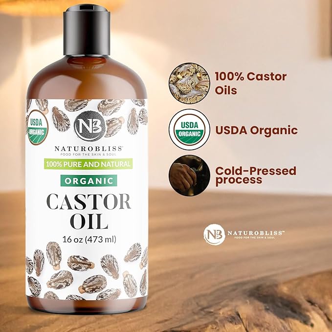 NaturoBliss Organic Castor Oil 16 oz – 100% Pure, Expeller-Pressed, Hexane-Free – Value Size Beauty Oil for Hair, Eyelashes, Eyebrows, Skin & Scalp, with Beauty Starter Kit – USDA Organic, GCMS Tested