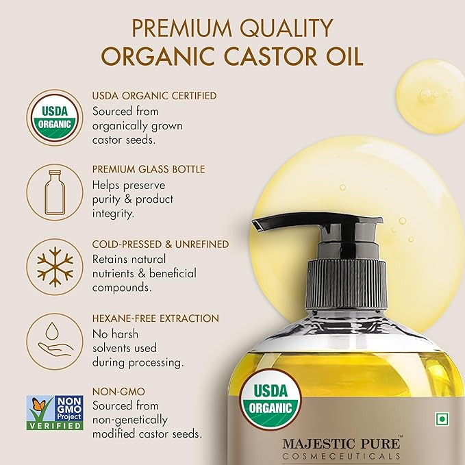 Majestic Pure Oil - 100% Pure and Natural- Cold Pressed & Hexane Free Natural Hair Growth Oil for Eyelashes, Eyebrows, Skin, Body, Face, Nails & Scalp - Organic Castor Oil 8 Fl Oz with Reusable Wraps