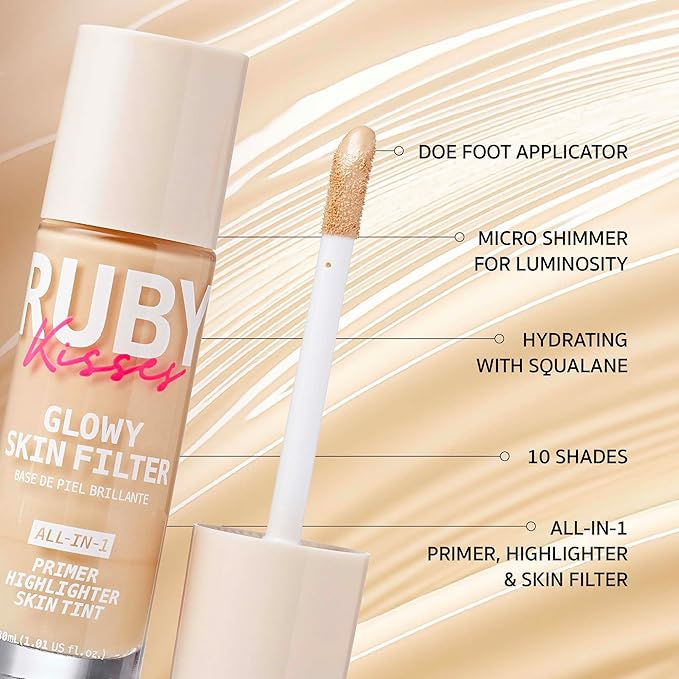 Ruby Kisses Glowy Skin Filter Foundation - All-in-1 Primer, Skin Tint & Highlighter, Hydrating Light Coverage with Squalane, Natural Dewy Finish, Luminous & Radiant Glow (Medium)