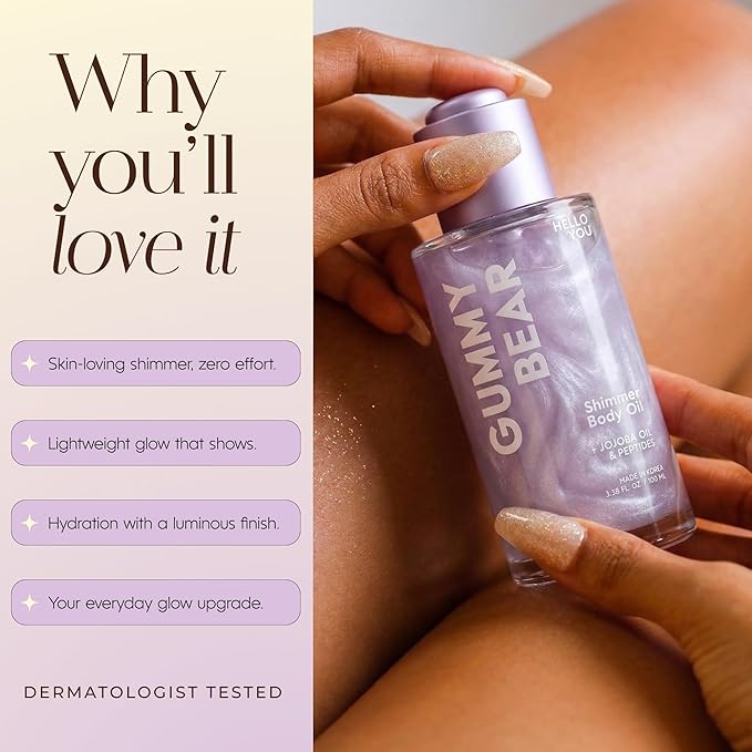 Hello You Jojoba Oil & Peptides Shimmer Body Oil – Dermatologist Tested, Anti Aging, Korean Skin Care – Hydrating Glow For Dry Skin, Smooth Radiant Finish – Clean Beauty – Gummy bear Scent, 3.38 Oz