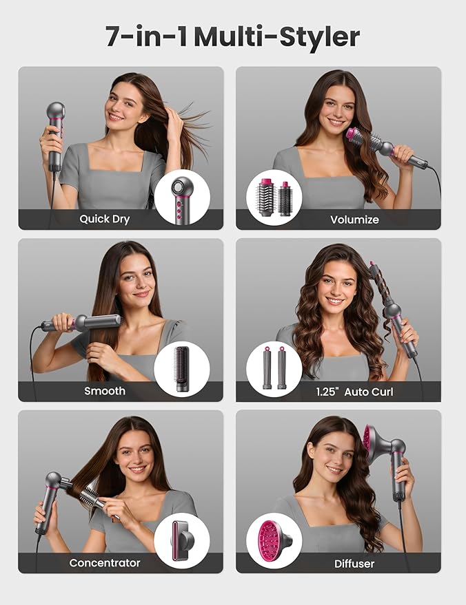 O.H.B 7 in 1 Hair Styler & High Speed Dryer Brush, 110,000RPM Blow Dryer Brush, Ionic Air Styler with Fast Drying, No Heat Damage Air Multi Styler for Volumize, Curl, Straighten, Travel Case, Gray