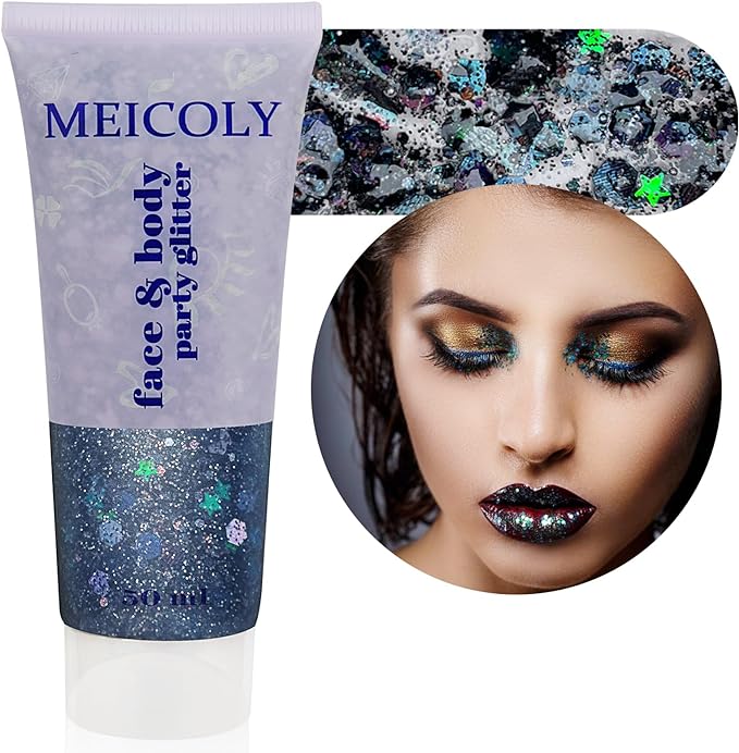 MEICOLY Black Glitter, Professional Body Paint, Holographic Mermaid Sequins Eye Glitter for Halloween Cosplay SFX Makeup, Self-Adhesive Chunky Face Gel for Women and Kids