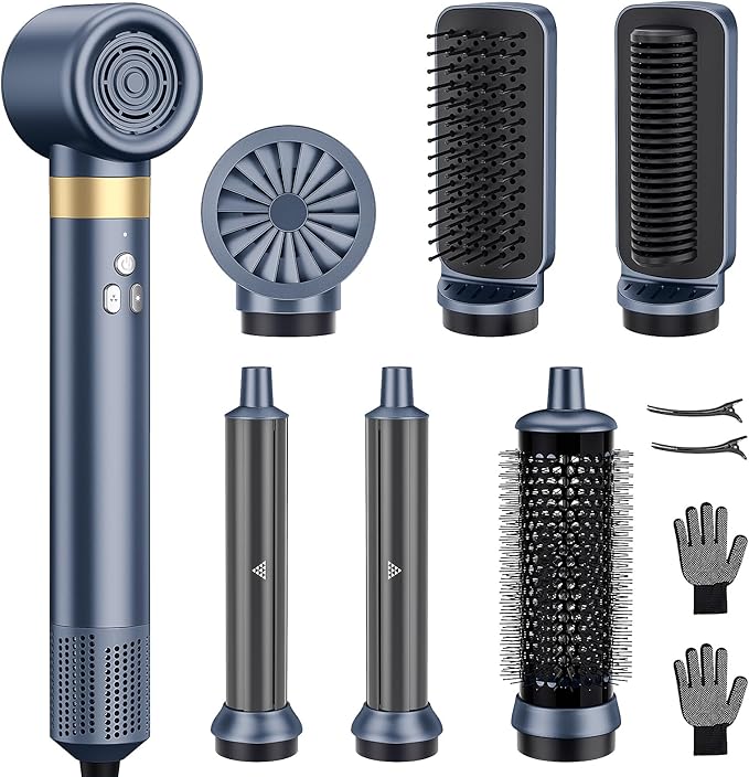 6-in-1 Hot Air Styler & Blow Dryer Brush, Ionic Hair Dryer Volumizer, Multi-Function with Interchangeable Attachments for Curling, Straightening & Fast Drying, Ideal Gift for Women(Gemstone Blue)