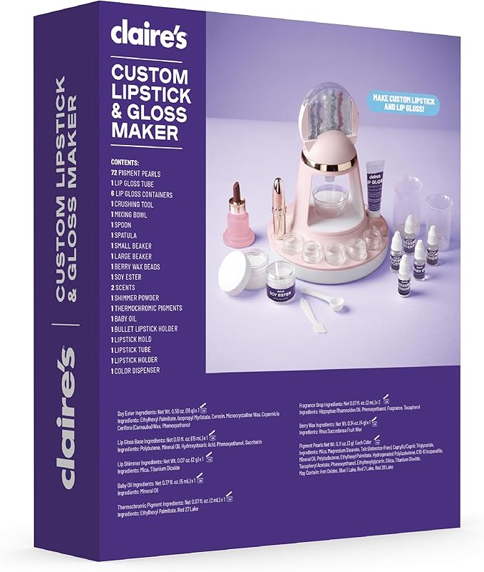 Claire's DIY Lipstick & Lip Gloss Making Kit, 97-Piece Real Makeup Arts & Crafts Set, Handmade Moisturizing Lip Glaze, Girl Toys & Cosmetic Products, Beauty & Science Gift, Ages 8+