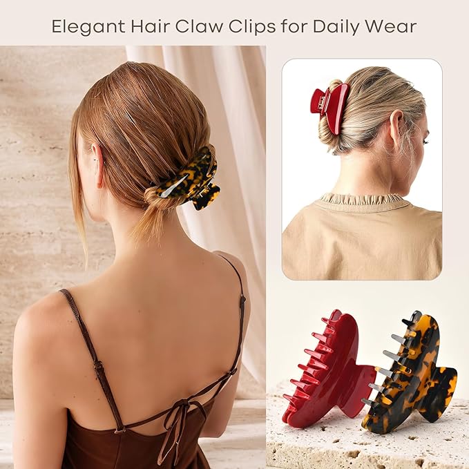Aileam Acetate Hair Claw Clips for Women,Red Tortoise shell hair clip French Design Strong Hold Non-Slip claw clips for Thick Hair, 2 Pack