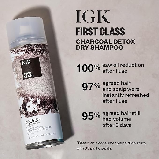 IGK First Class Charcoal Detox Dry Shampoo, Volumizing Spray for Oily Hair, Absorbs Oil + Odor, Invisible Finish with No White Residue on All Hair Colors, Talc-Free + Vegan, 6.3 Fl Oz