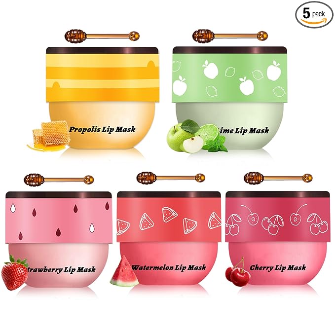 5PCS Bee Lip Balm Honey Pot Honey Watermelon Cherry Apple Strawberry Lip Balm,Moisturizing Sleeping Lip Mask Reduces Lip Lines Prevention Dry and Cracked