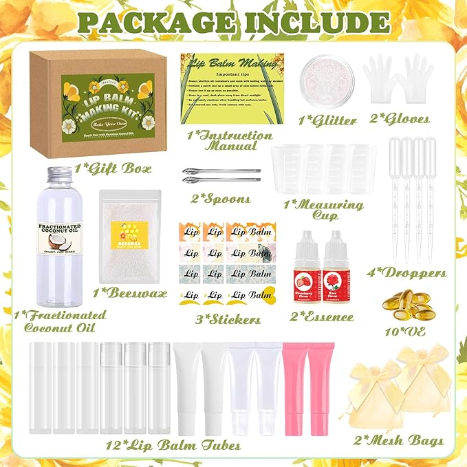 Thaluna Lip Balm Making Kit with Fractionated Coconut Oil, Make Your Own Lip Balm, Moisturizing DIY Lip Gloss Making Kit - Beeswax, Essential Oil, Squeeze Empty Tubes, Christmas Gift for Girls & Women