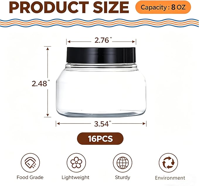 16 Pack 8 Oz Plastic Jars with Black Lids, BPA Free Empty Body Scrub Containers, Round Clear Samples Jars for Sugar Scrub, Lotion, Body Butter, Cream