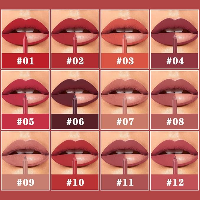 Miss Demi 12 Colours Sculpting Matte Velvet Lip Liner Set, Creamy Velvet Pigmented Lip Liner, Matte Set Makeup Soft Pencils for Women (12 Pcs)