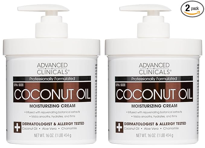 Advanced Clinicals Coconut Oil Body Cream For Women & Men | Hydrating Coconut Lotion For Extremely Dry Skin | Visible Anti Aging Body Butter Skin Care Balm Moisturizer For Hand, Heel, Feet, 16oz, 2PC